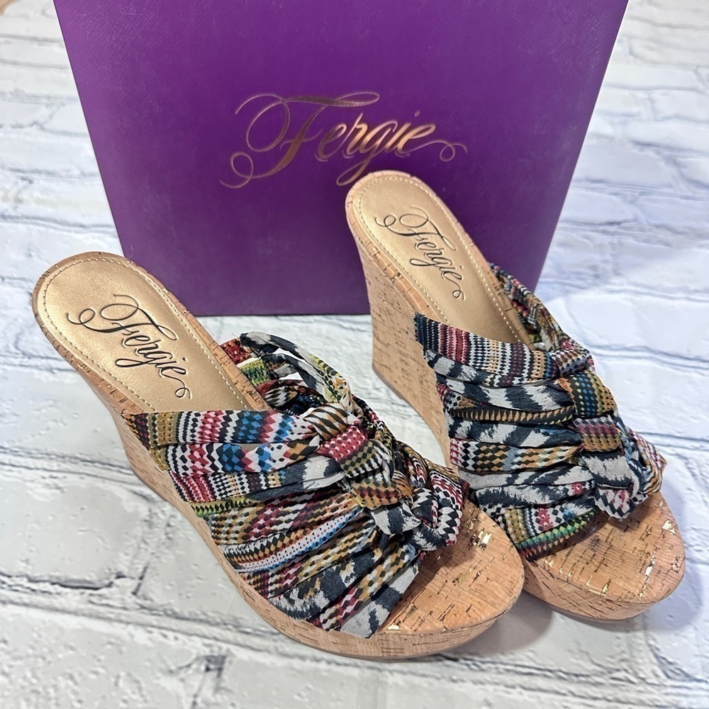 Fergie Multicolor Cork Wedge Slide Sandals